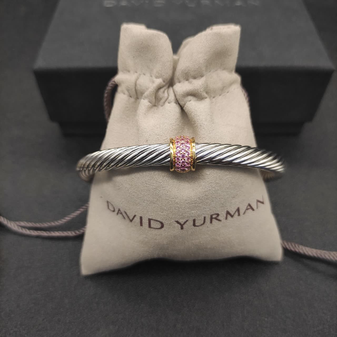 David Yurman Silver Cable Bracelet with Pink Gemstone